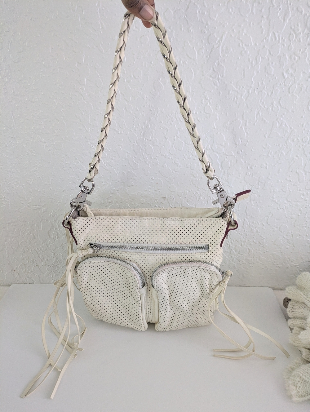 MZ Wallace Perforated Leather Handbag Bag Cream Ivory Yellow Tone Multi Pocket